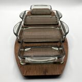Plateau en teck et ses 4 raviers en verre empilables • Danemark • 1960