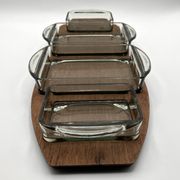 Teak tray and its 4 stackable glass dishes • Denmark • 1960
