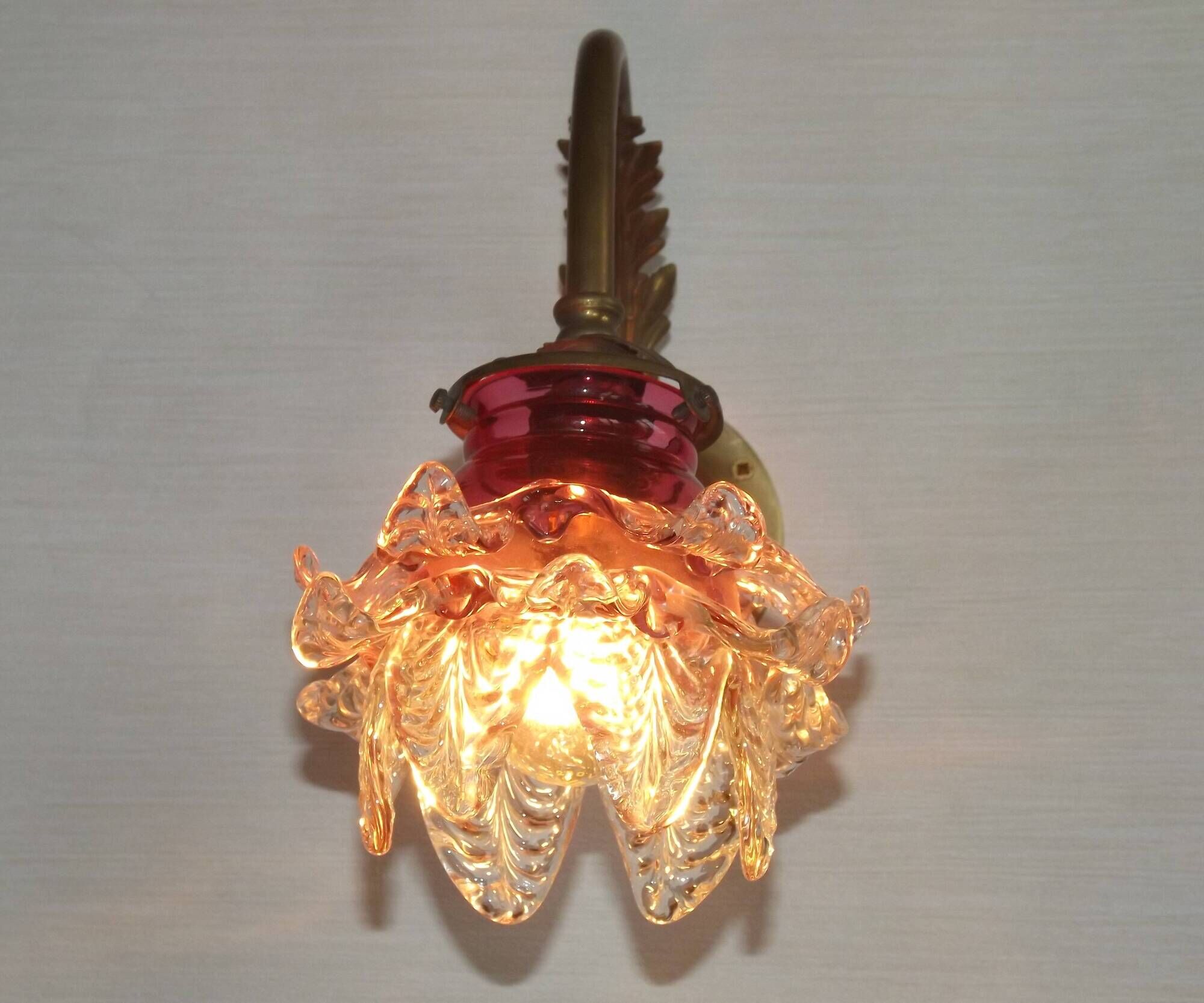 French Brass Single Wall Light with Pink & Clear Floral Glass Shade