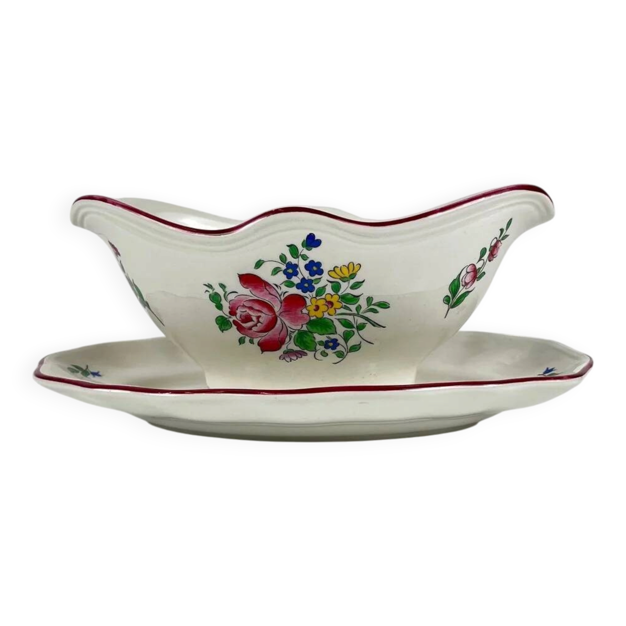 Saucière KG Lunéville, modèle "Réverbère", motif rose