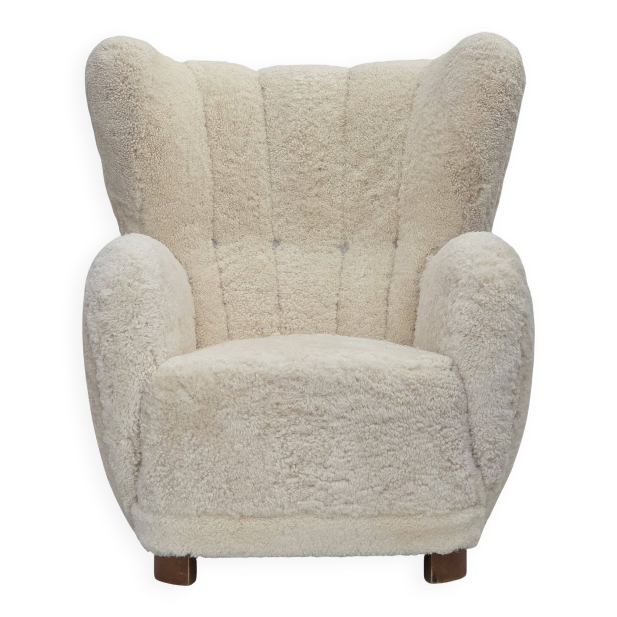 1960s, Danish design, reupholstered highback armchair, genuine sheepskin.