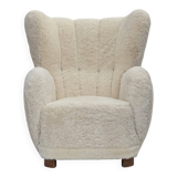 1960s, Danish design, reupholstered highback armchair, genuine sheepskin.