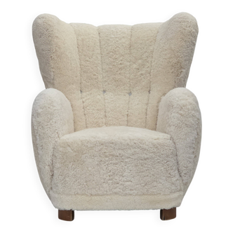 1960s, Danish design, reupholstered highback armchair, genuine sheepskin.