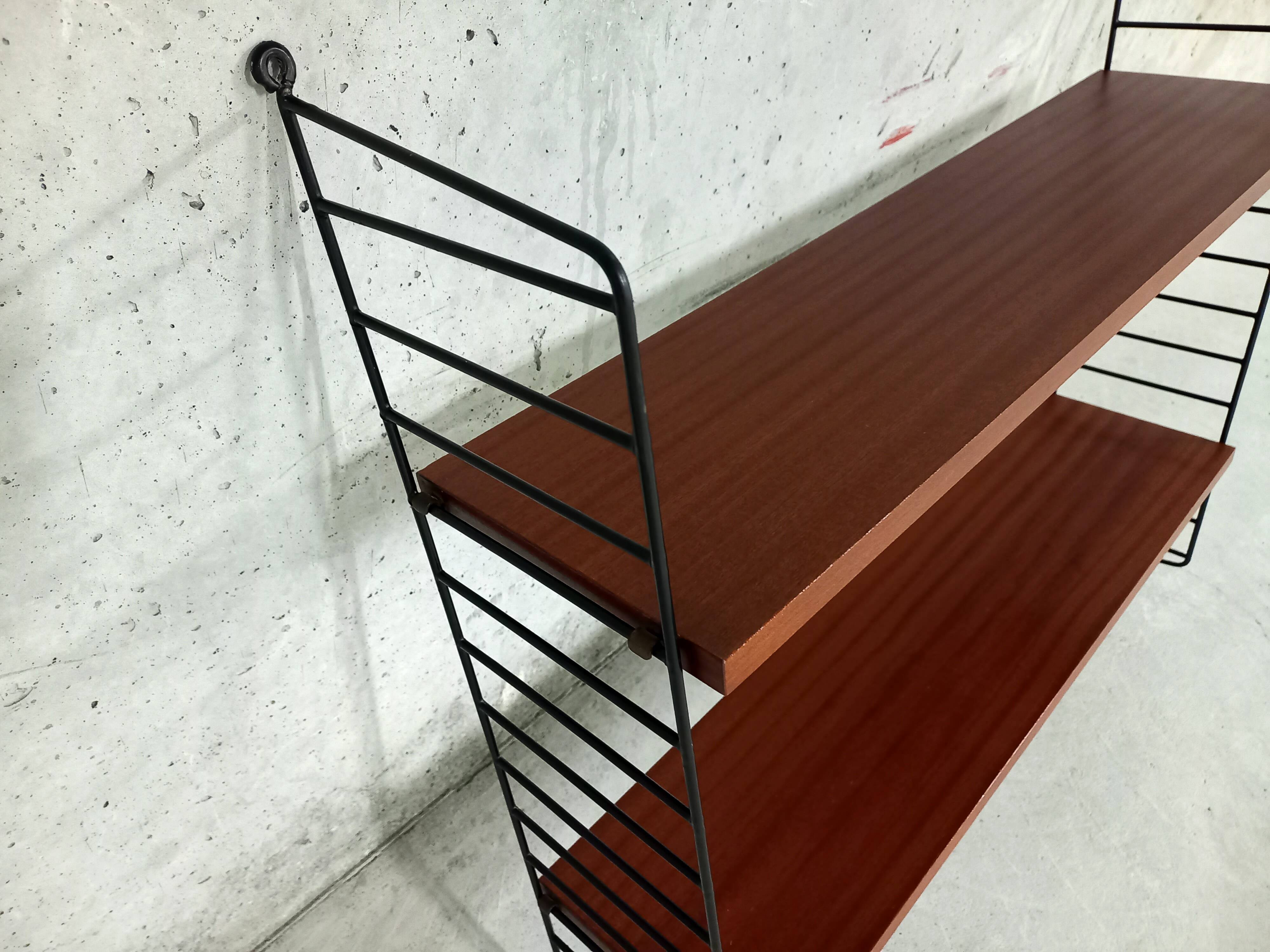 Vintage wall shelf in teak and black metal String Tomado style