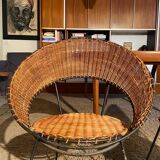 Ensemble 2 fauteuils et table basse en osier Raoul Guy 1950