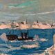 Oil on 20th century panel representing a fishing port by S. Margarit