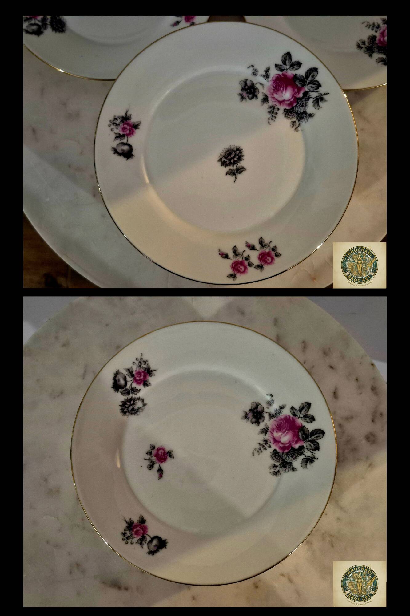 Service of 12 porcelain plates in romantic style.