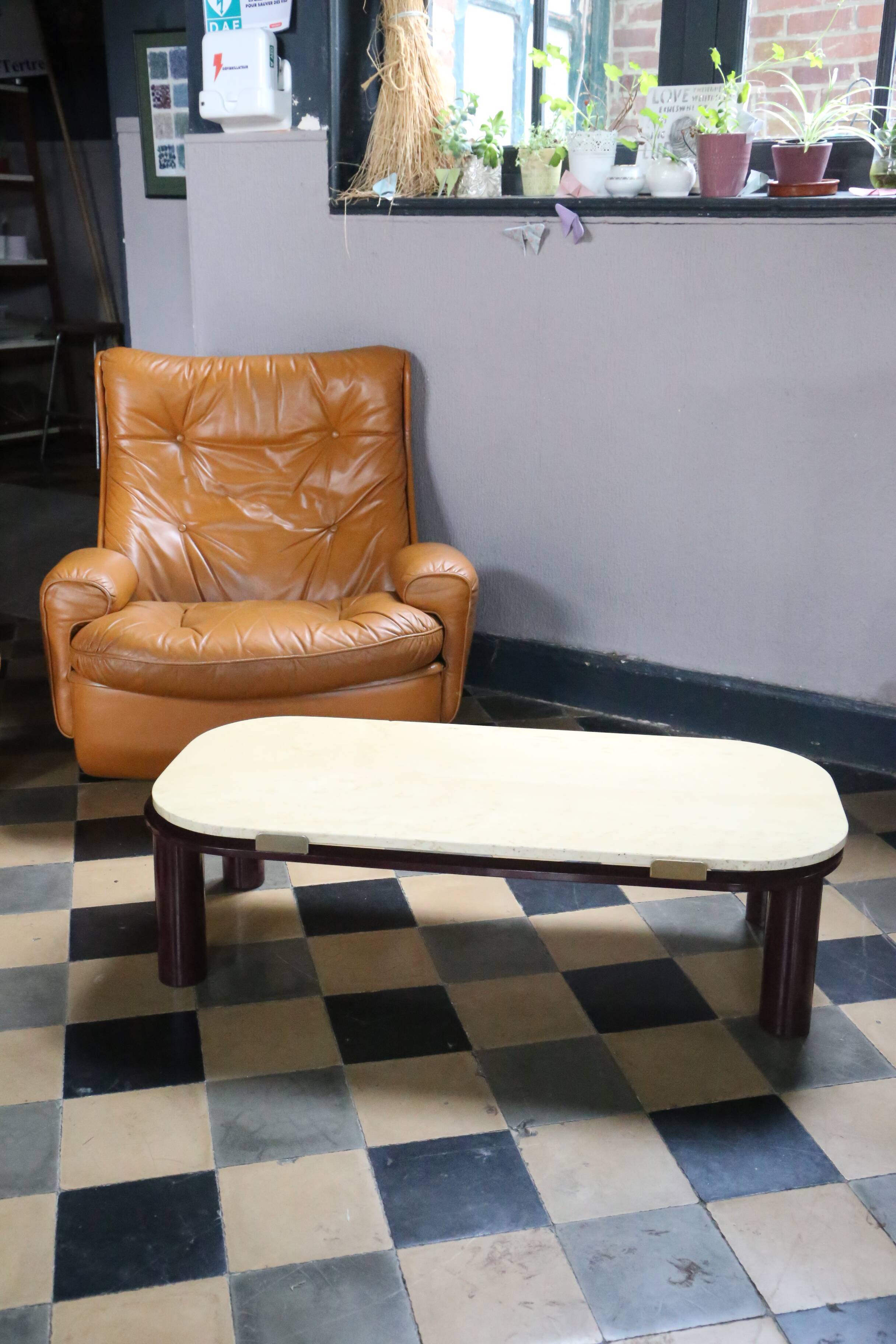 Roche Bobois Travertine and metal coffee table, 1980s