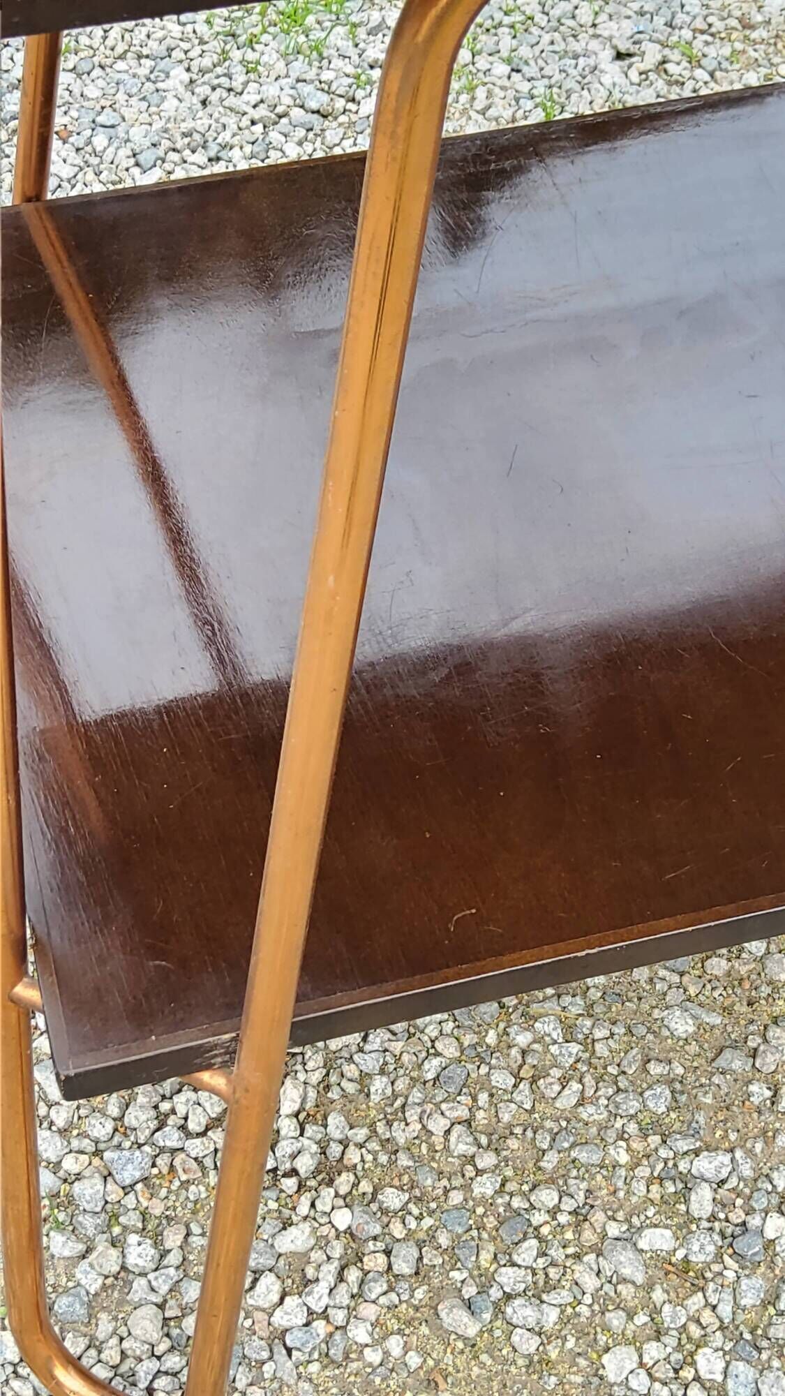 Vintage double wooden side table with copper base from the 50s