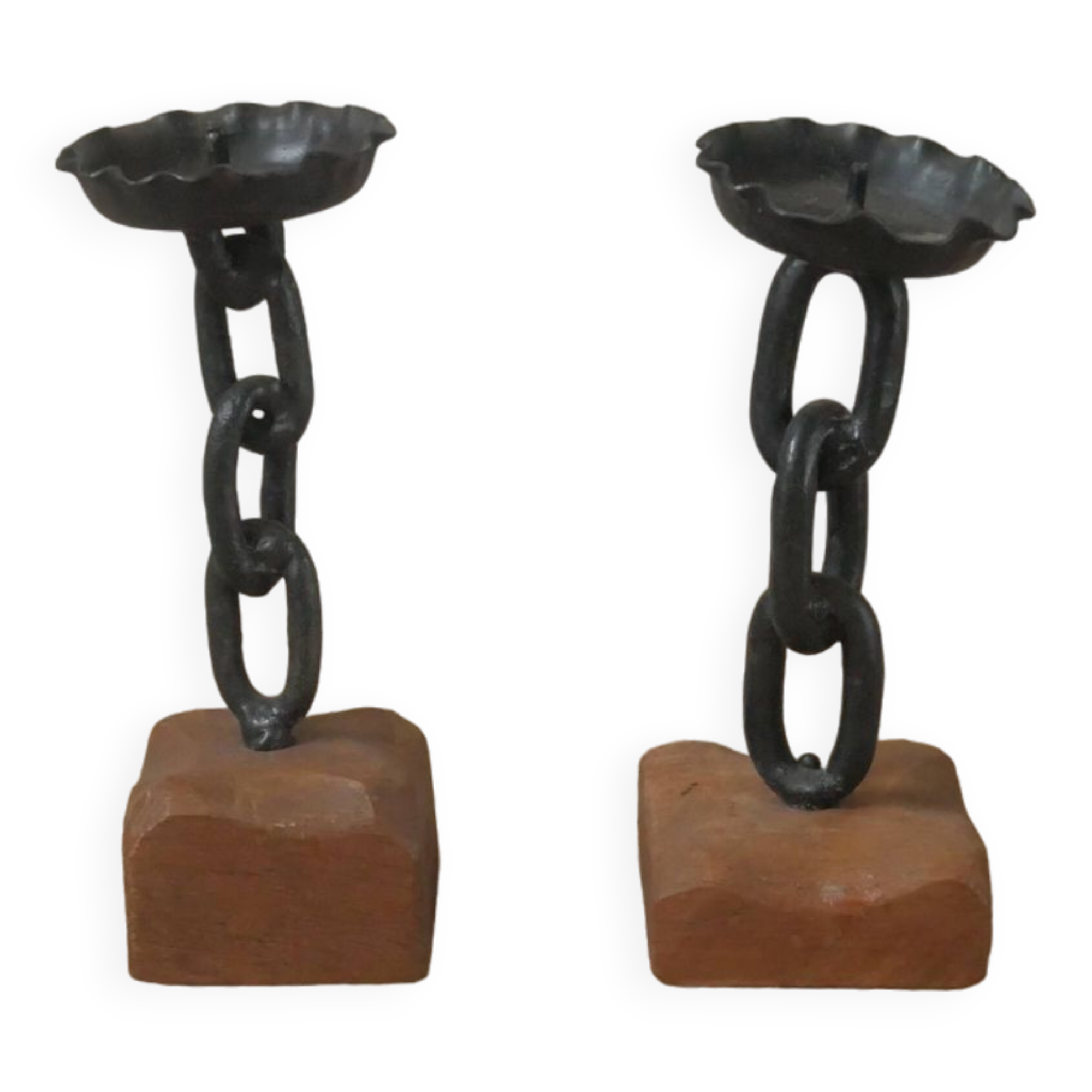 Pair of brutalist design candlesticks wood metal candelabra candlesticks handcrafted