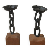 Pair of brutalist design candlesticks wood metal candelabra candlesticks handcrafted