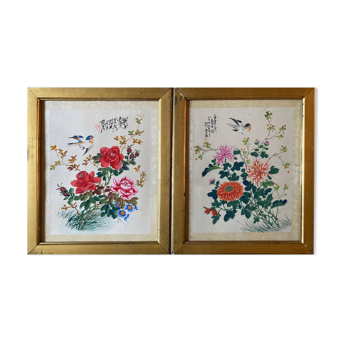 Paintings two watercolors on fabrics China flowers and birds frames XIX°
