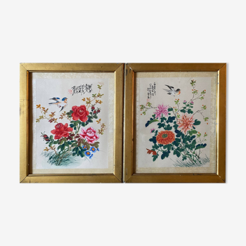 Tableau deux aquarelles sur tissus Chine fleurs et oiseaux cadres XIX°