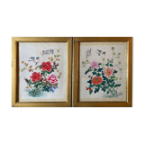 Tableau deux aquarelles sur tissus Chine fleurs et oiseaux cadres XIX°