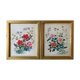 Tableau deux aquarelles sur tissus Chine fleurs et oiseaux cadres XIX°