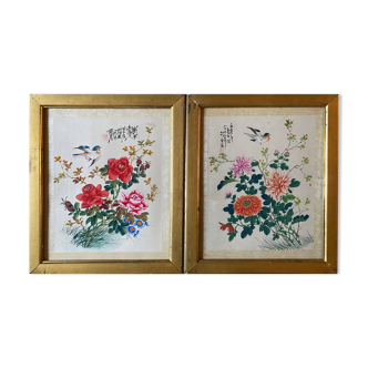 Tableau deux aquarelles sur tissus Chine fleurs et oiseaux cadres XIX°