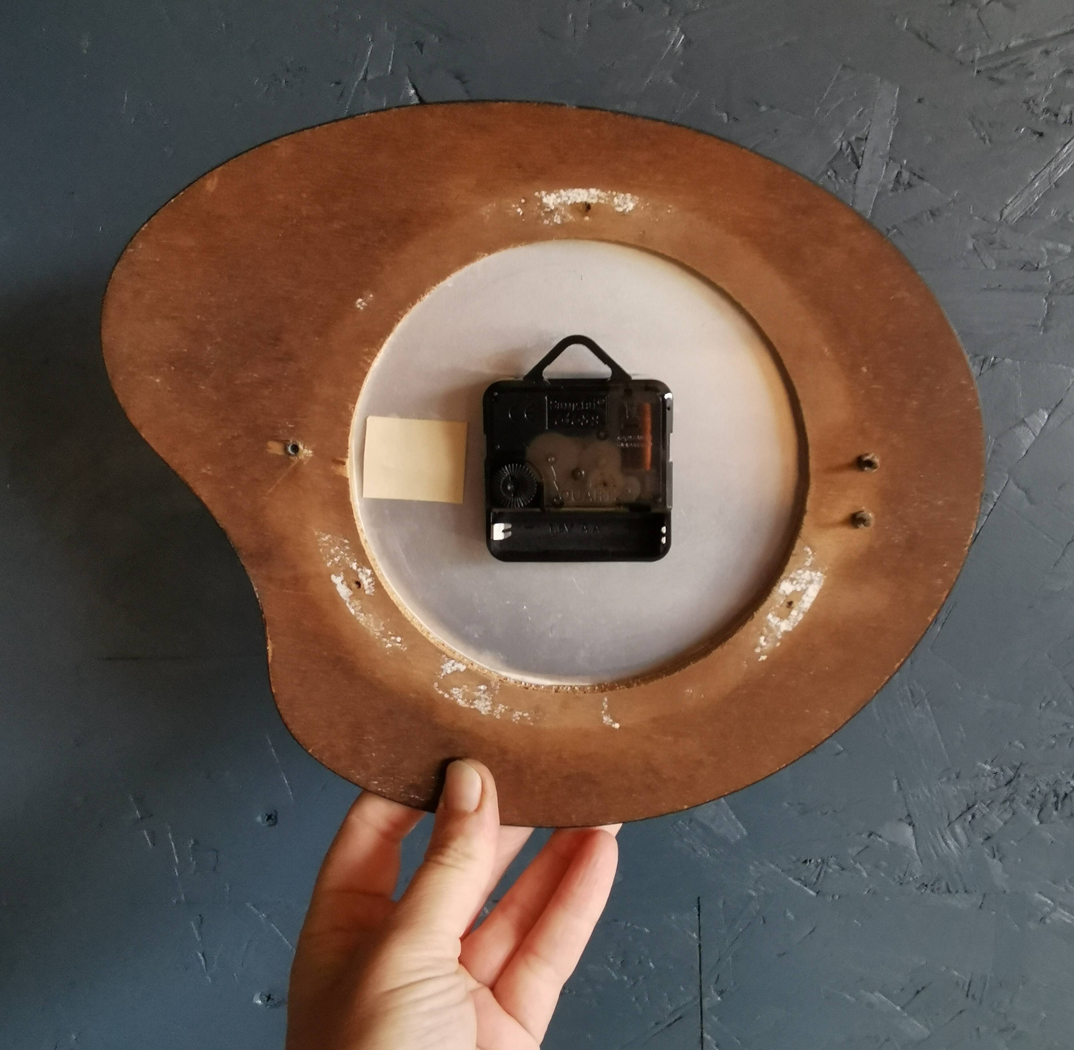 Vintage formica clock silent asymmetrical wall pendulum "DMS green orange"