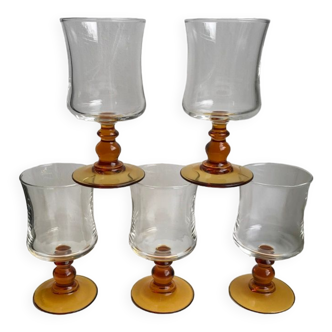 Set of 5 glasses with amber feet 70s