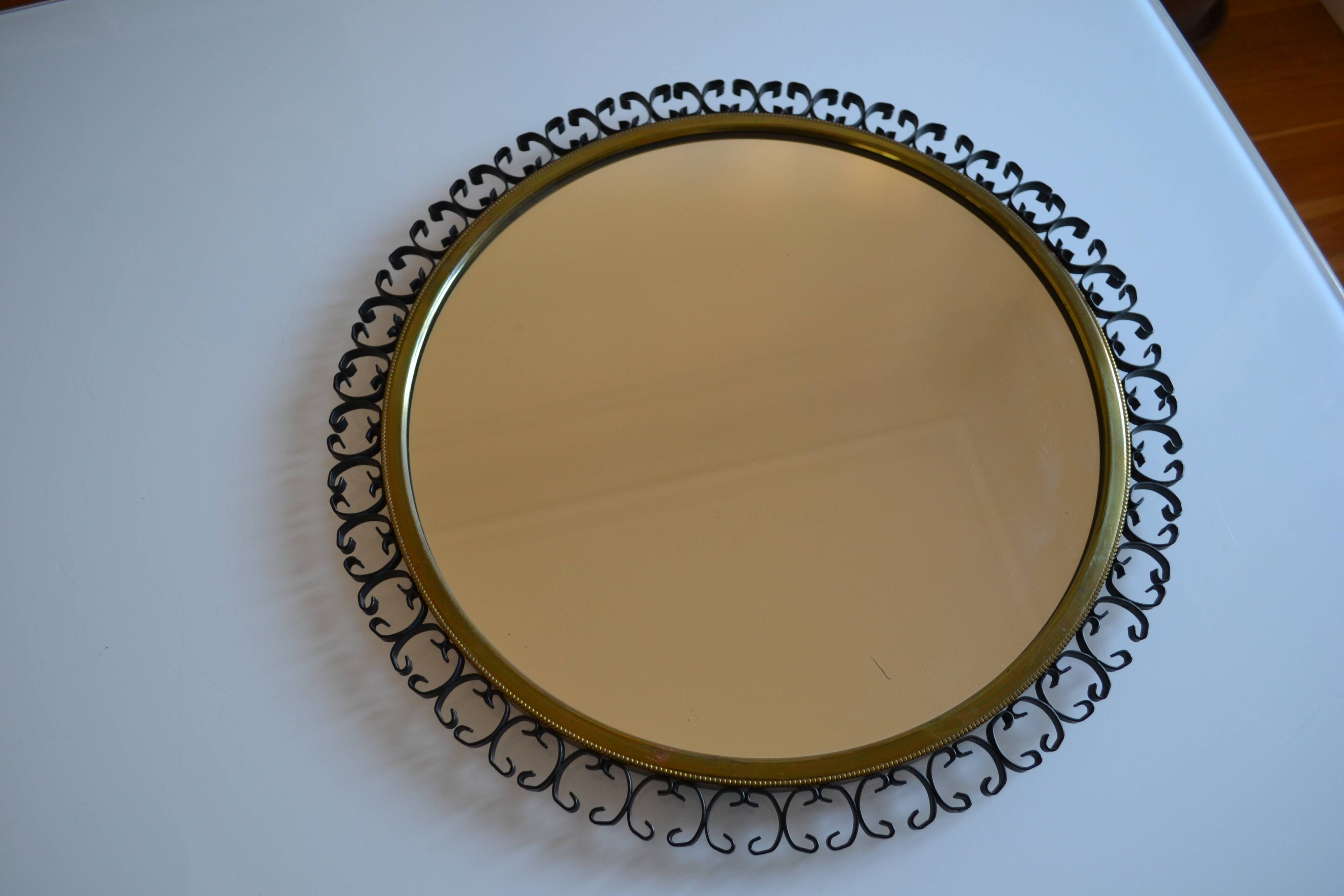 1960s brass and wrought iron sun mirror
