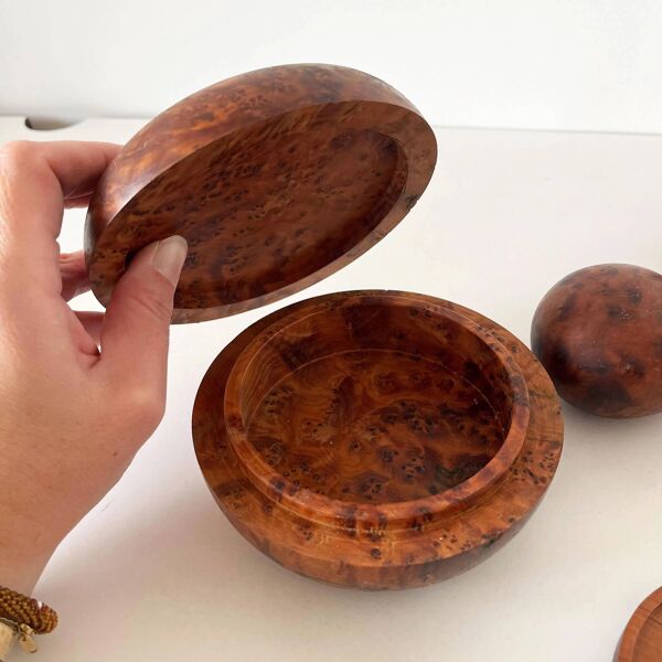 Ensemble coupe et boîtes en loupe d'orme vintage