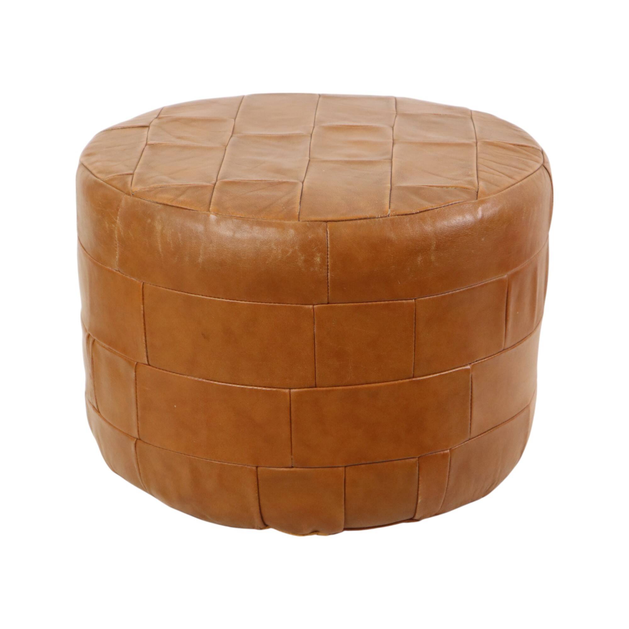 Vintage Round Brown Pouf Patchwork Patches Faux Leather 45cm