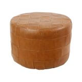 Vintage Round Brown Pouf Patchwork Patches Faux Leather 45cm