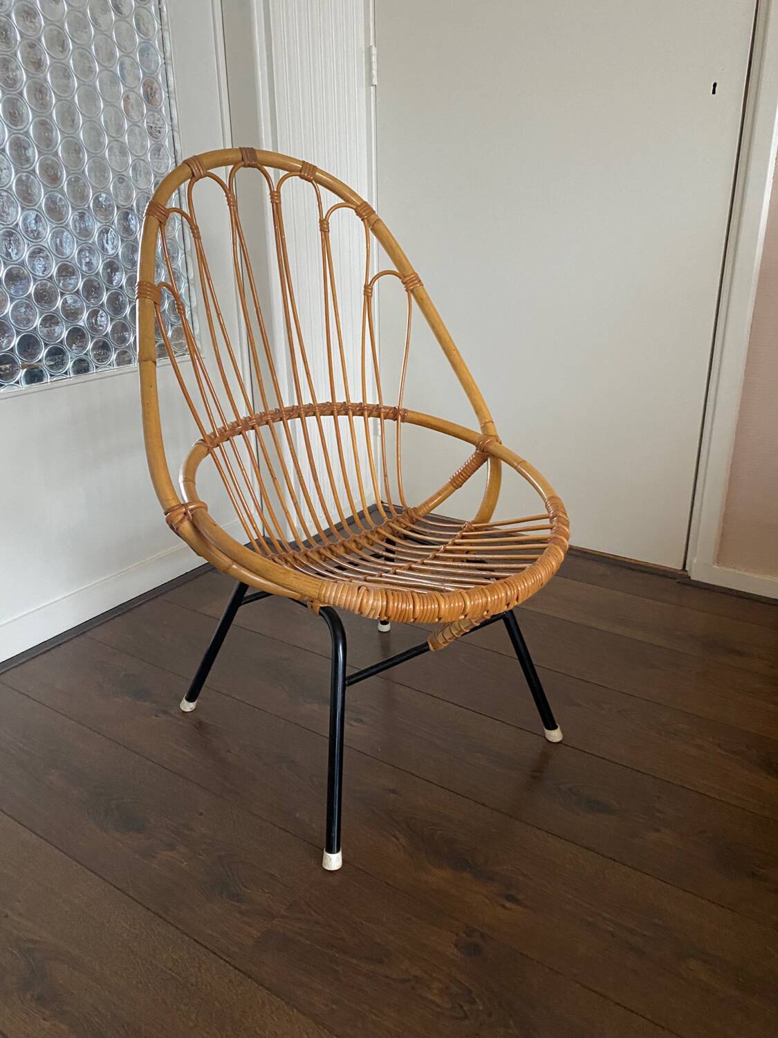 Mid-Century Rattan and Steel Easy Chair by Rohé Noordwolde, 1950s