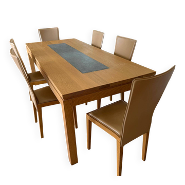 Solid oak table and genuine granite + 6 matching chairs