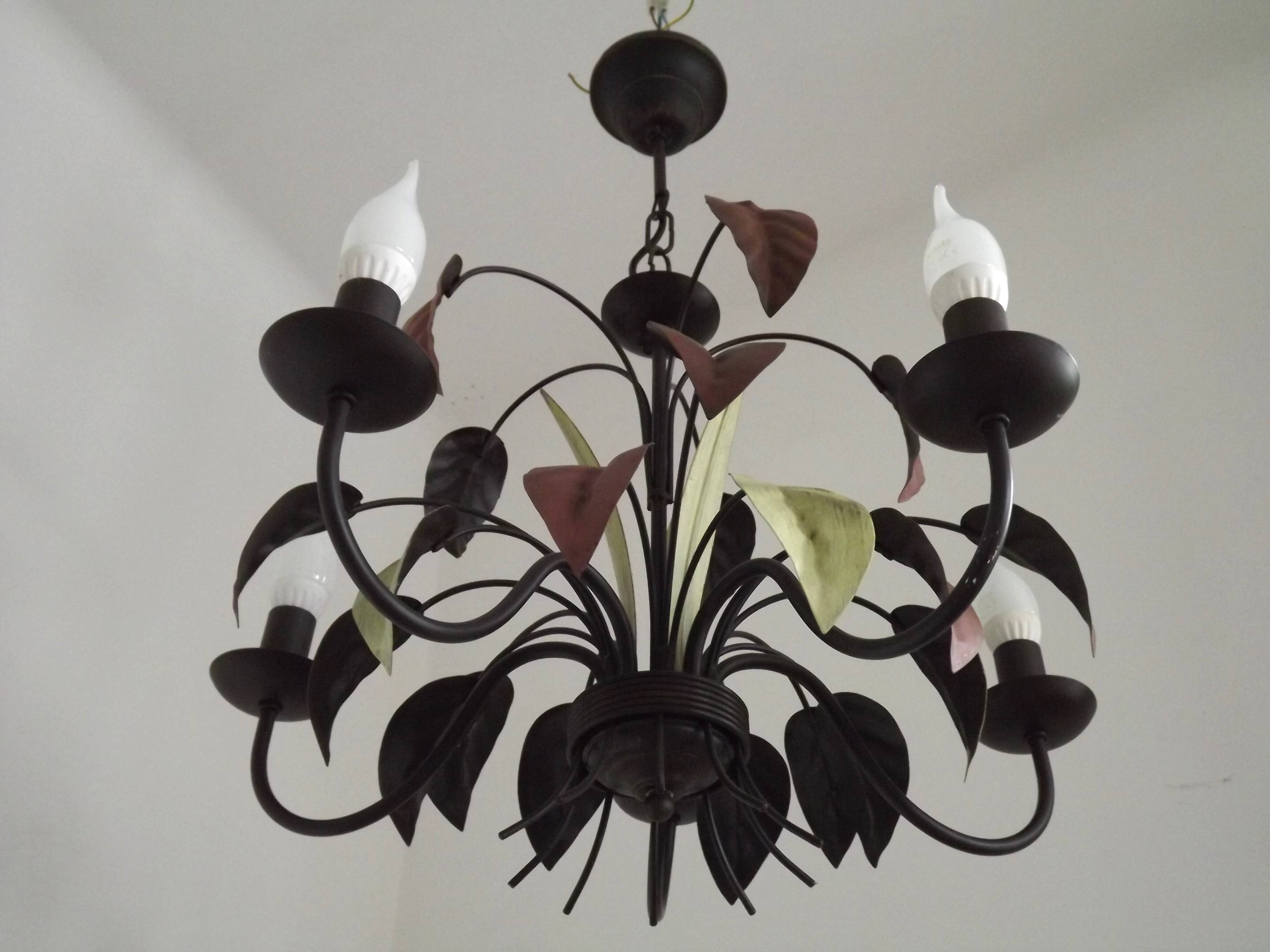 French Vintage 5 Light Brown & Green Tied Boquet Leaf Chandelier