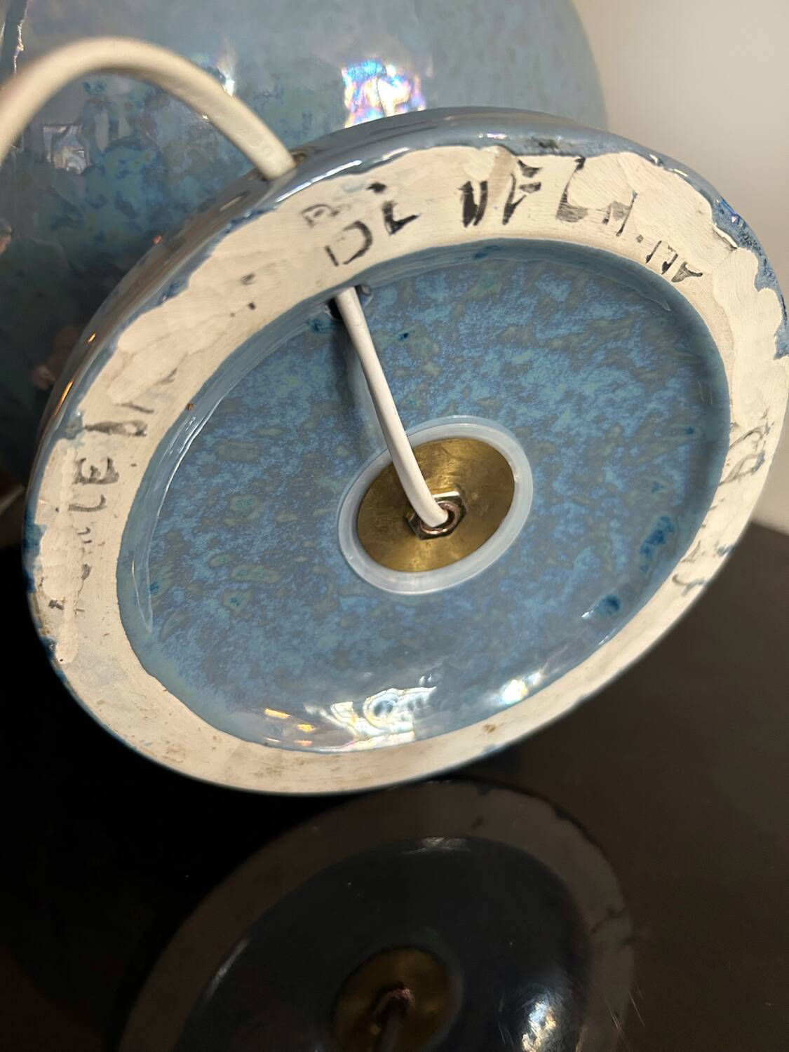 Iridescent blue ceramic lamp from the 80s