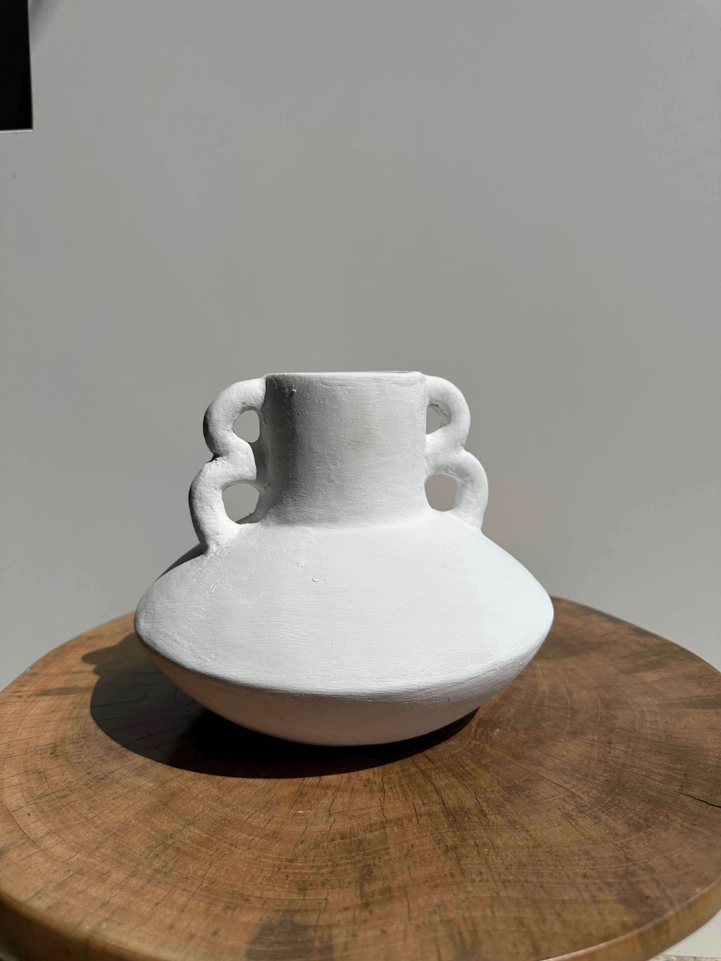 Handmade terracotta vase painted white with double handles H:16 D:20