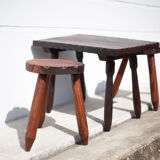 Set of coffee table and 2 carved wooden stools, brutalist