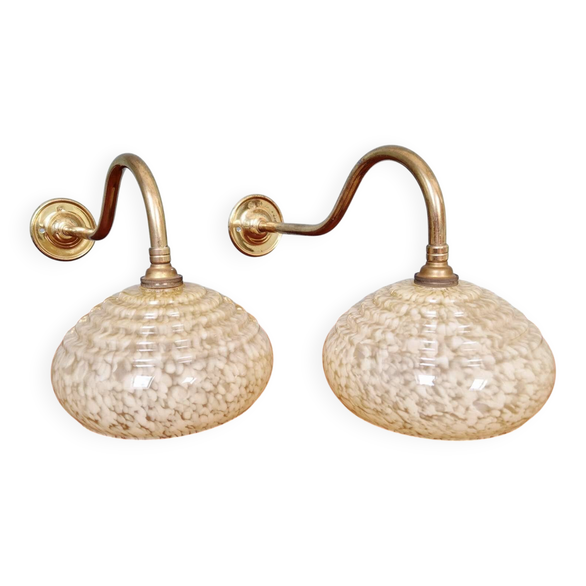 Pair of brass and yellow/white speckled glass wall sconces