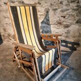 Vintage French folding lounge chair – 1950s/60s in beech with striped canvas, adjustable recliner