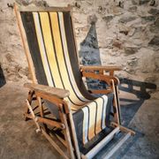 Vintage French folding lounge chair – 1950s/60s in beech with striped canvas, adjustable recliner