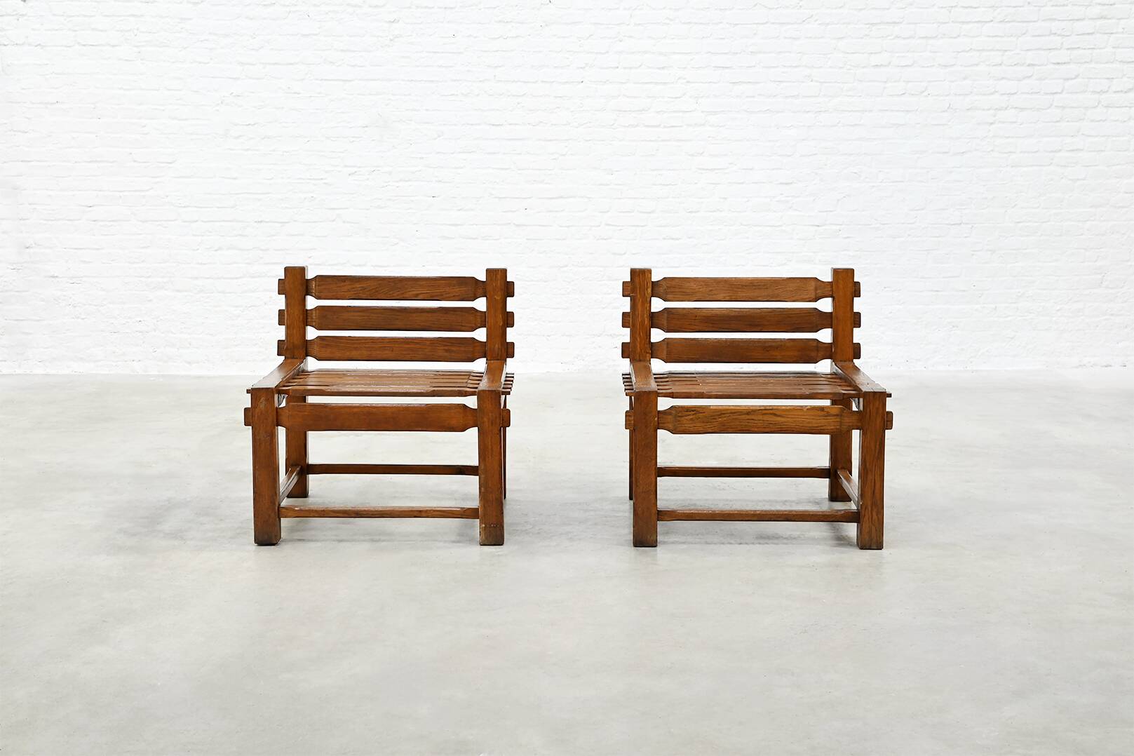 Pair of 1970s Brutalist Solid Oak Side Chairs