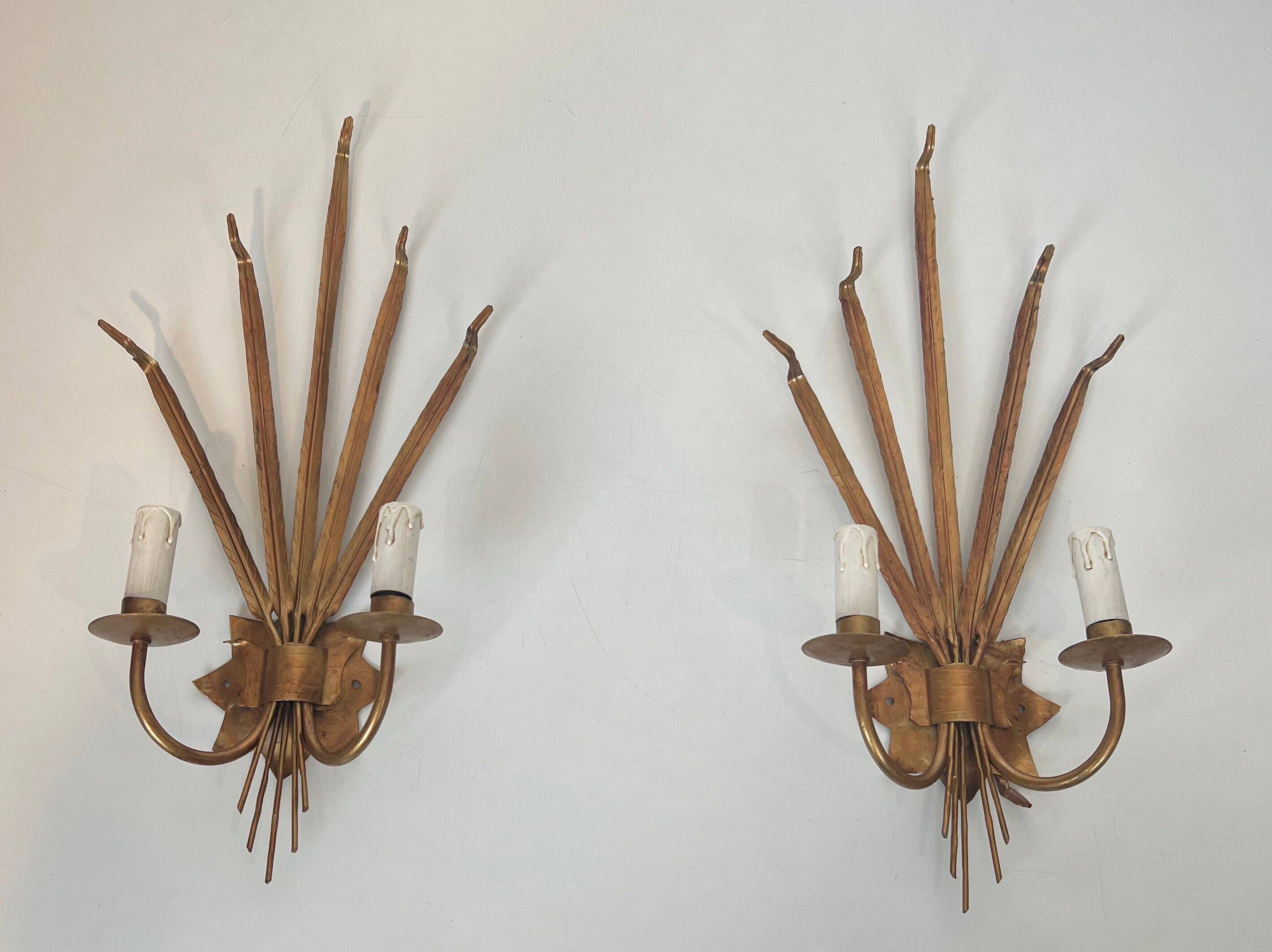 Pair of gold wall sconces with wheat ears in the style of Coco Chanel