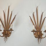 Pair of gold wall sconces with wheat ears in the style of Coco Chanel