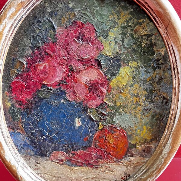 Tableau 1927 ''Roses et pomme'' signé Devillaire