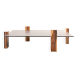 Handcrafted coffee table with ceramic glass top and walnut legs