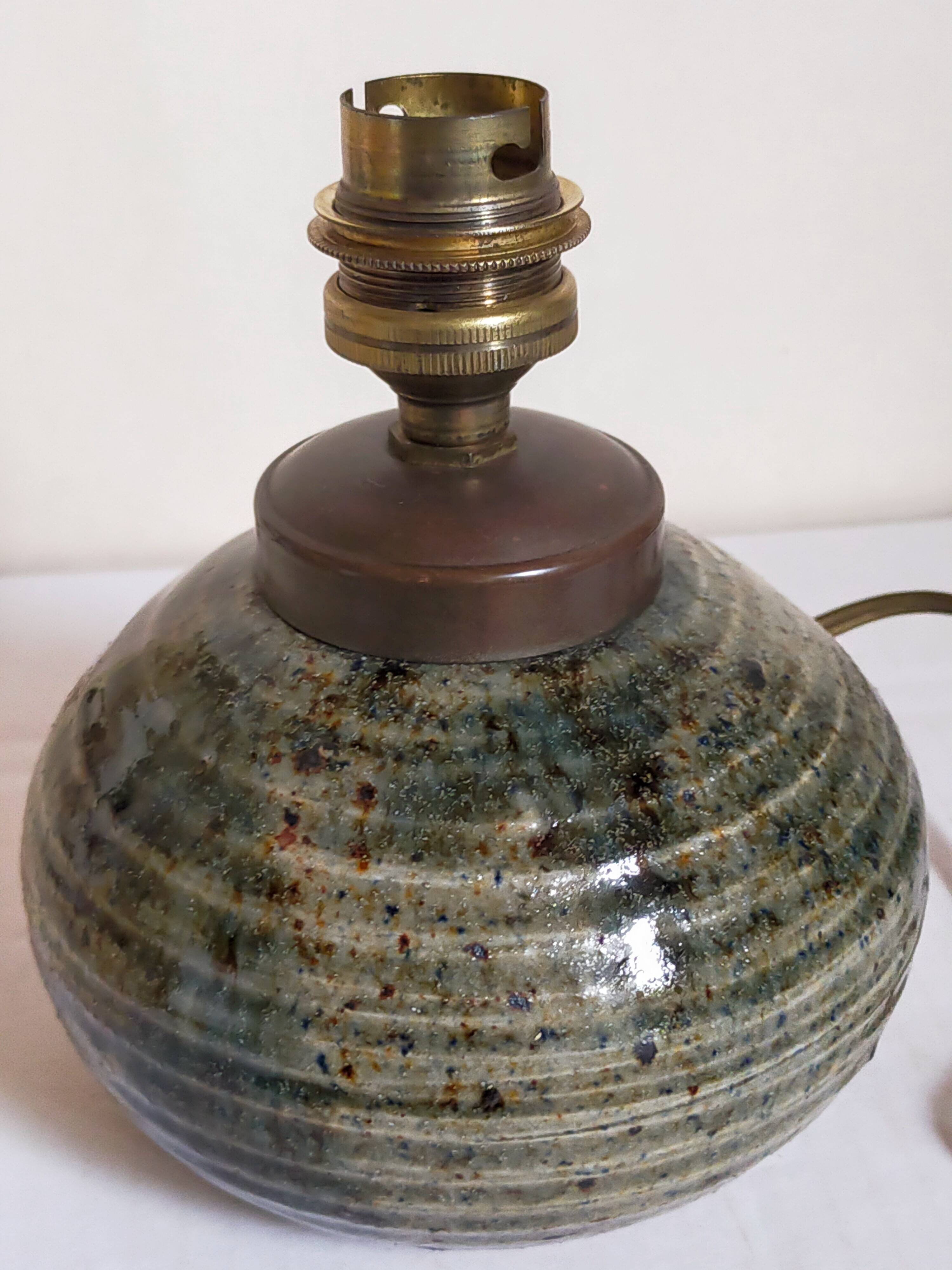 Lampe d'appoint vintage en grès émaillé, abat-jour herbier