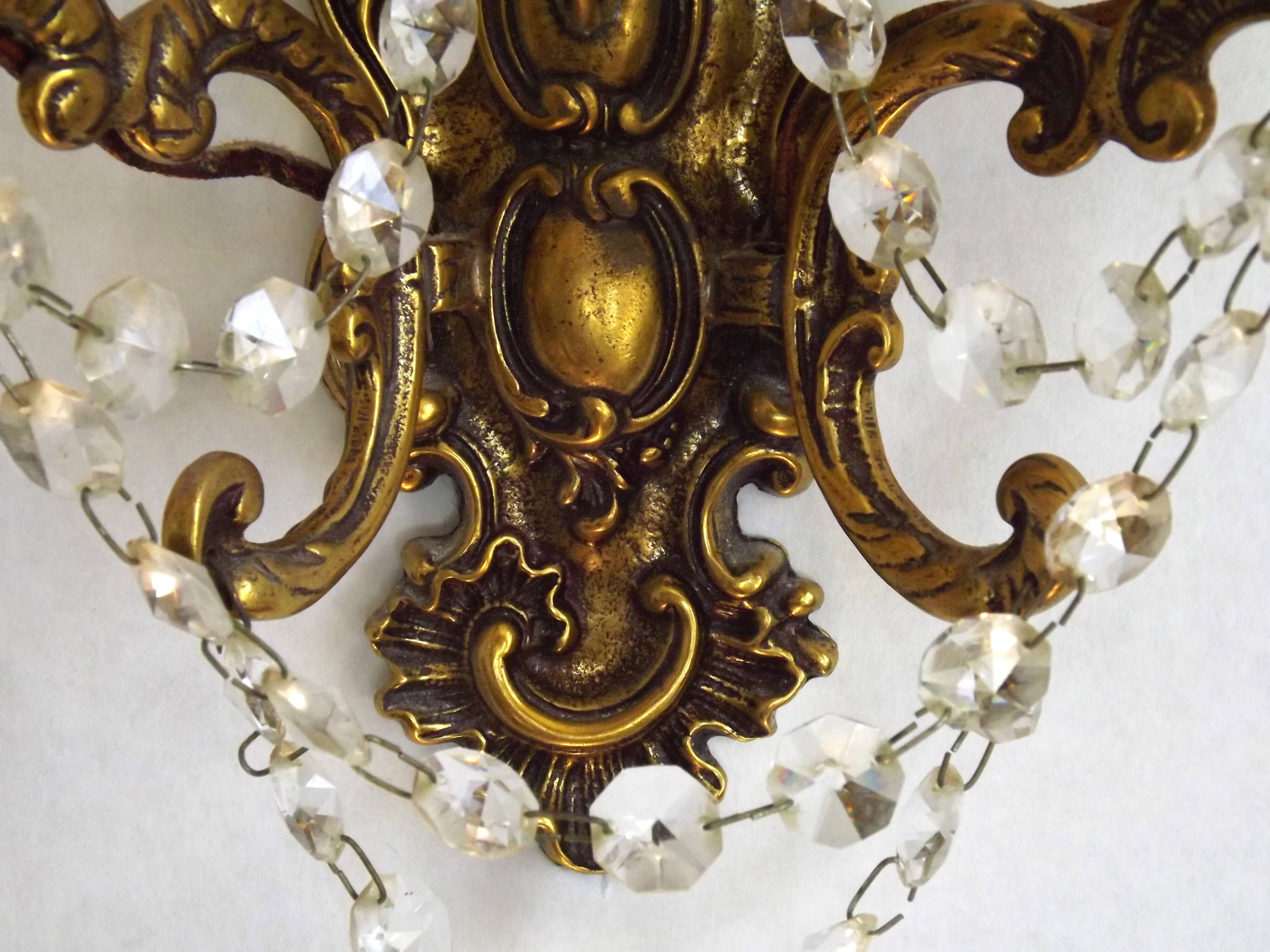 Pair of French Baroque Double Bronze Crystal Wall Lights Glass Bead Swags