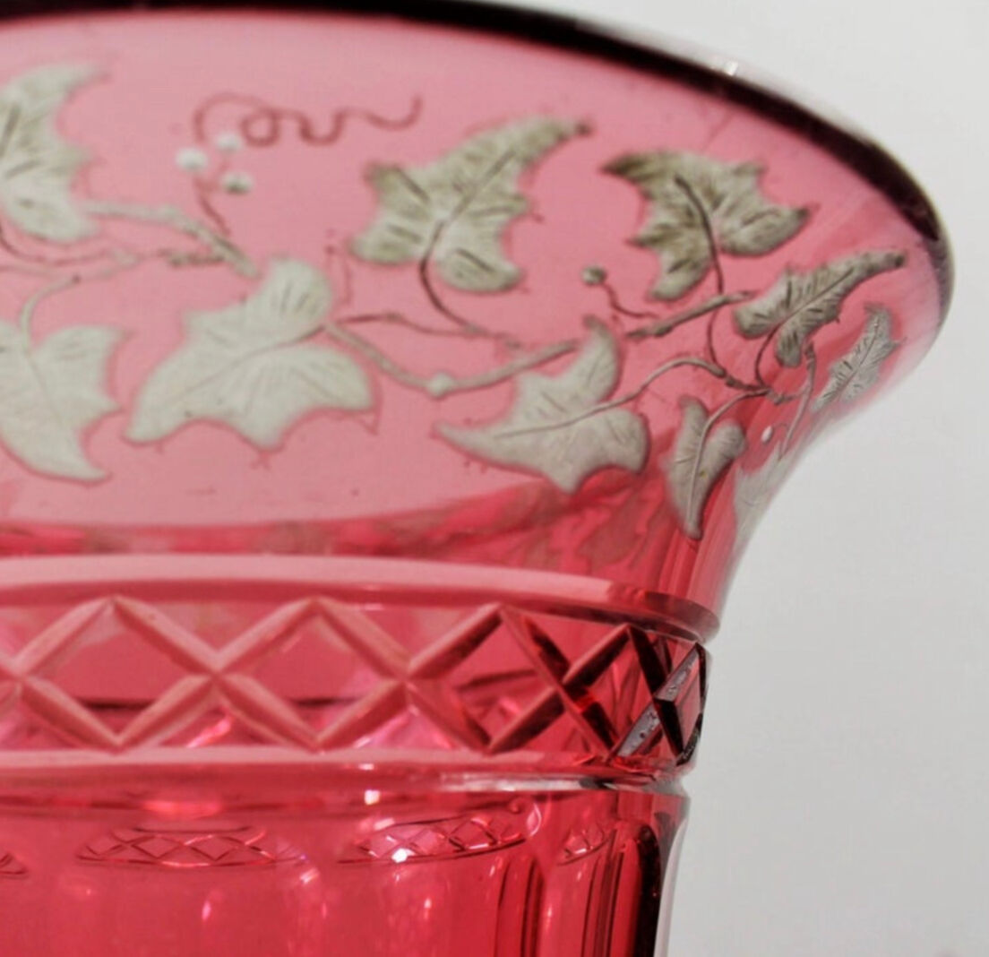 Bohemian red crystal vase decorated with vine leaves, 19th century