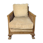 Fauteuil de bateau en bois cannage velours 1920