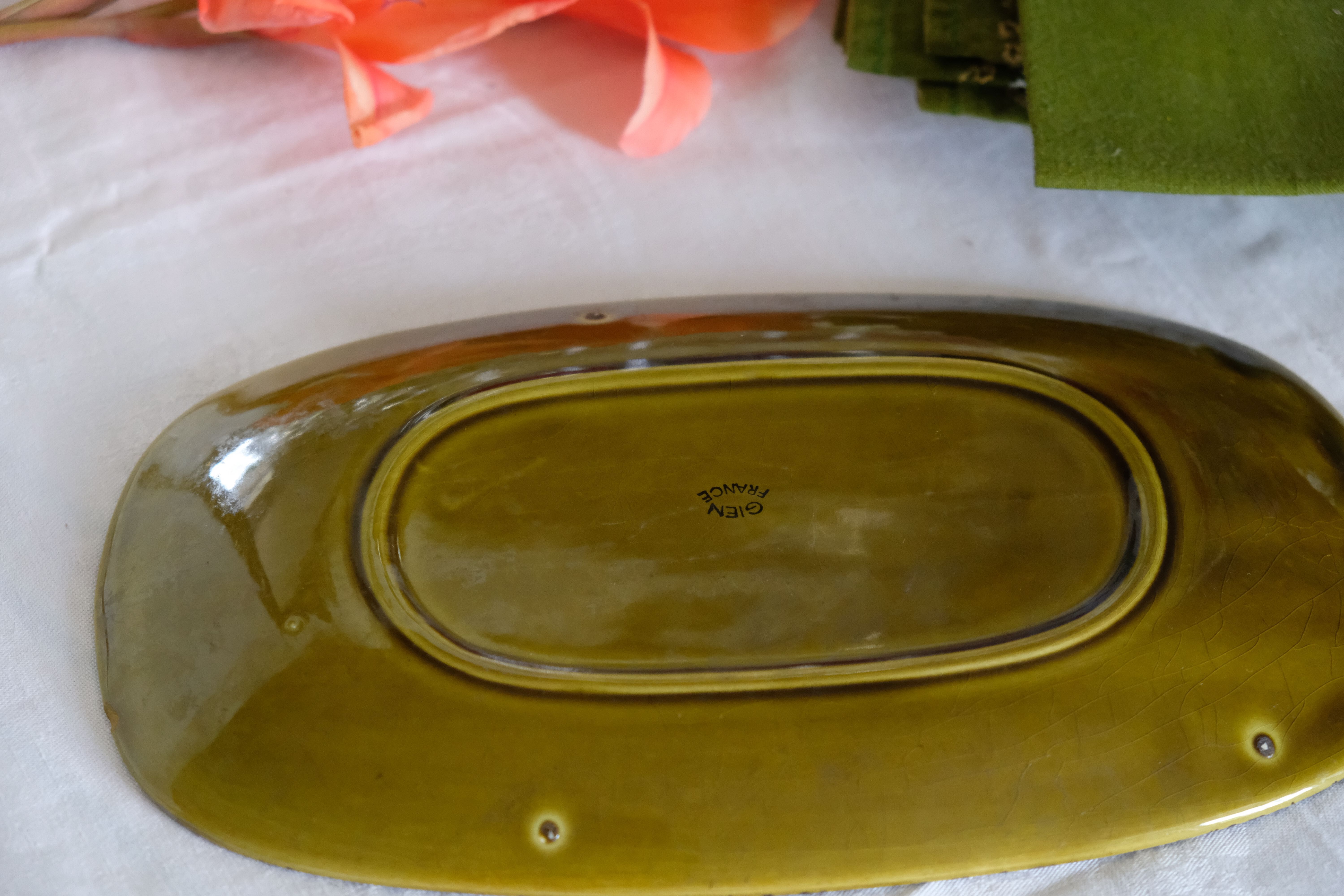 Old olive green oval serving dish Gien France