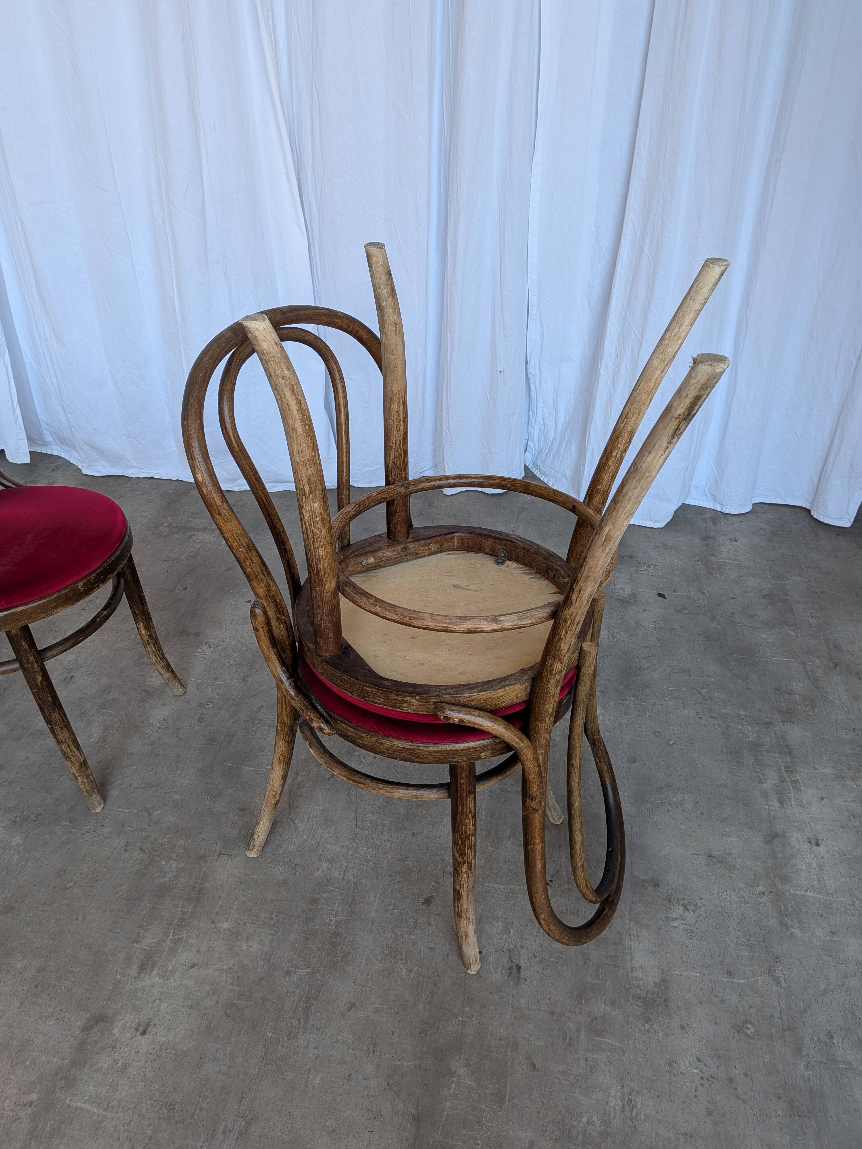 Set of 4 Vintage Bentwood Bistro Chairs, Red Upholstery