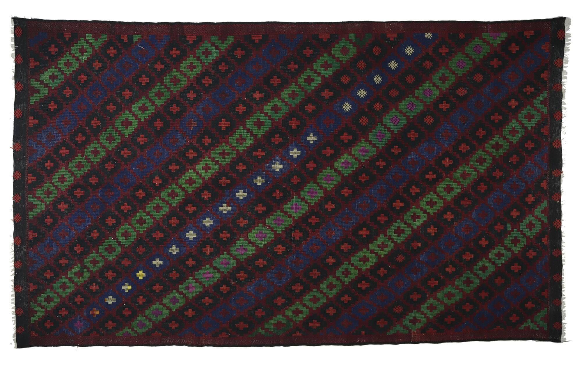 Turkish Kilim Yuruk Vintage 217x353 cm Geometric Green Blue Red