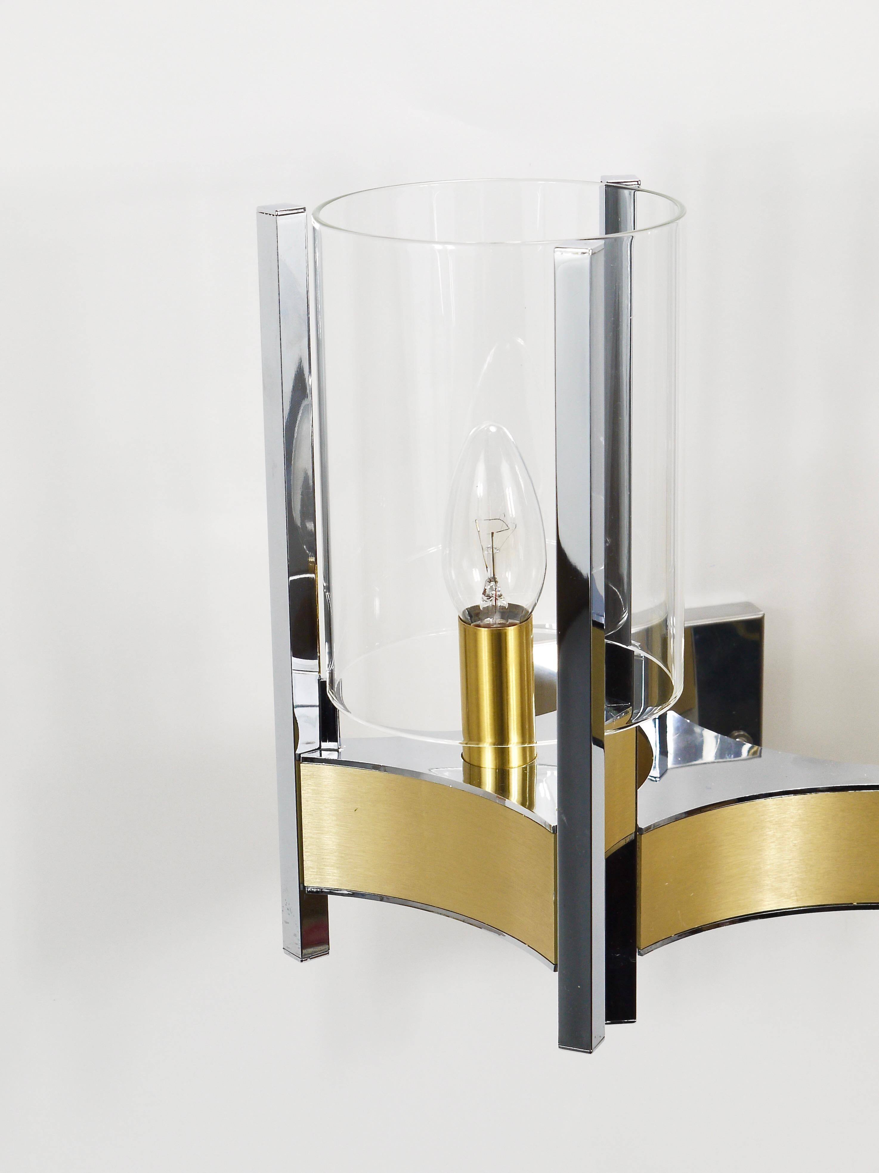 Gaetano Sciolari Large Wall Sconces / Sconces, Chrome, Brass, Glass, 1970s