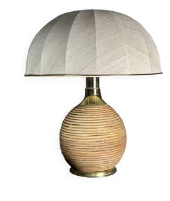 Large midcentury pencil reed rattan bamboo mushroom table lamp, 1970s