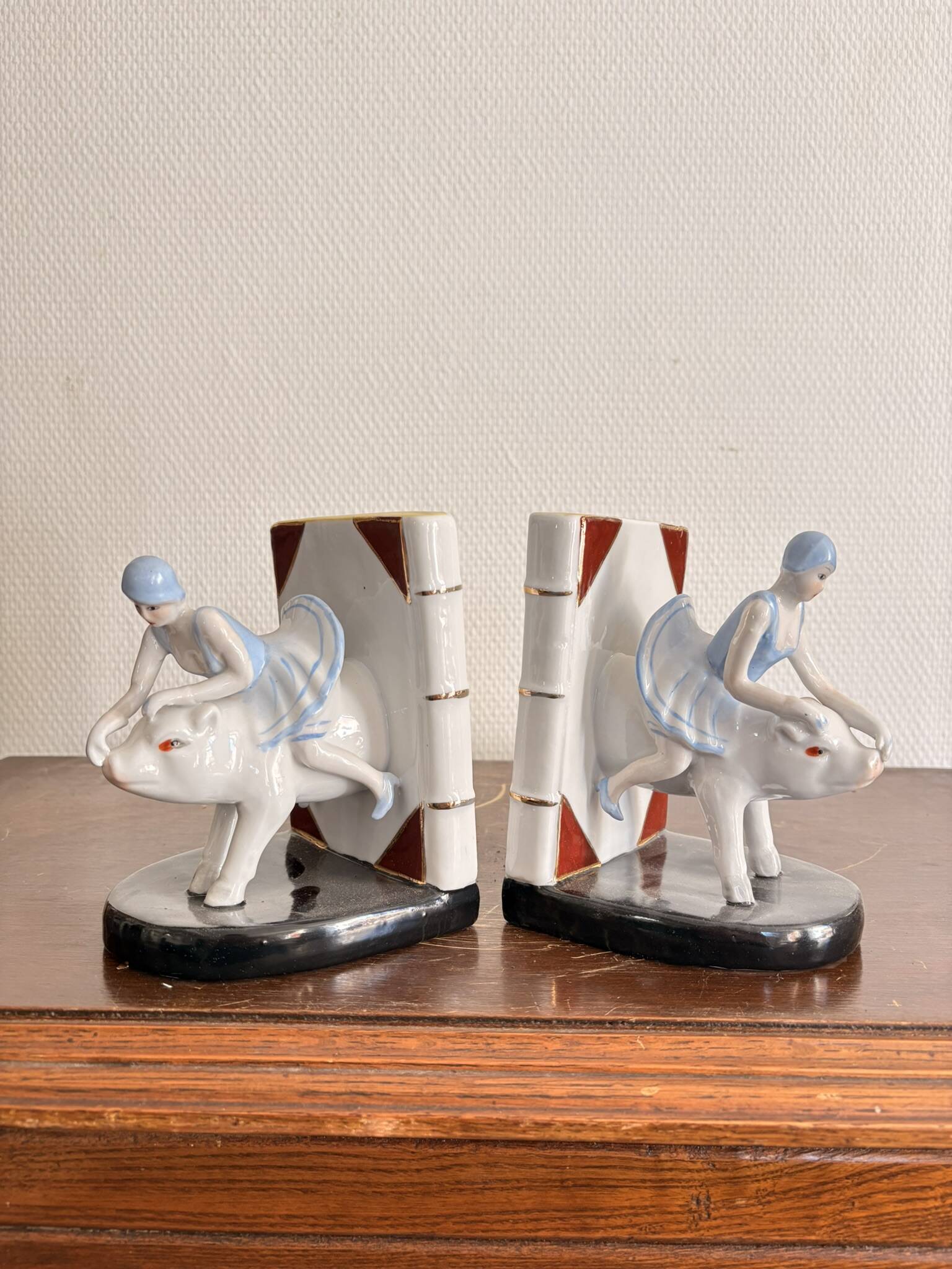 Old Pair of Bookends Porcelain White Girl Woman Equestrian Pig Art